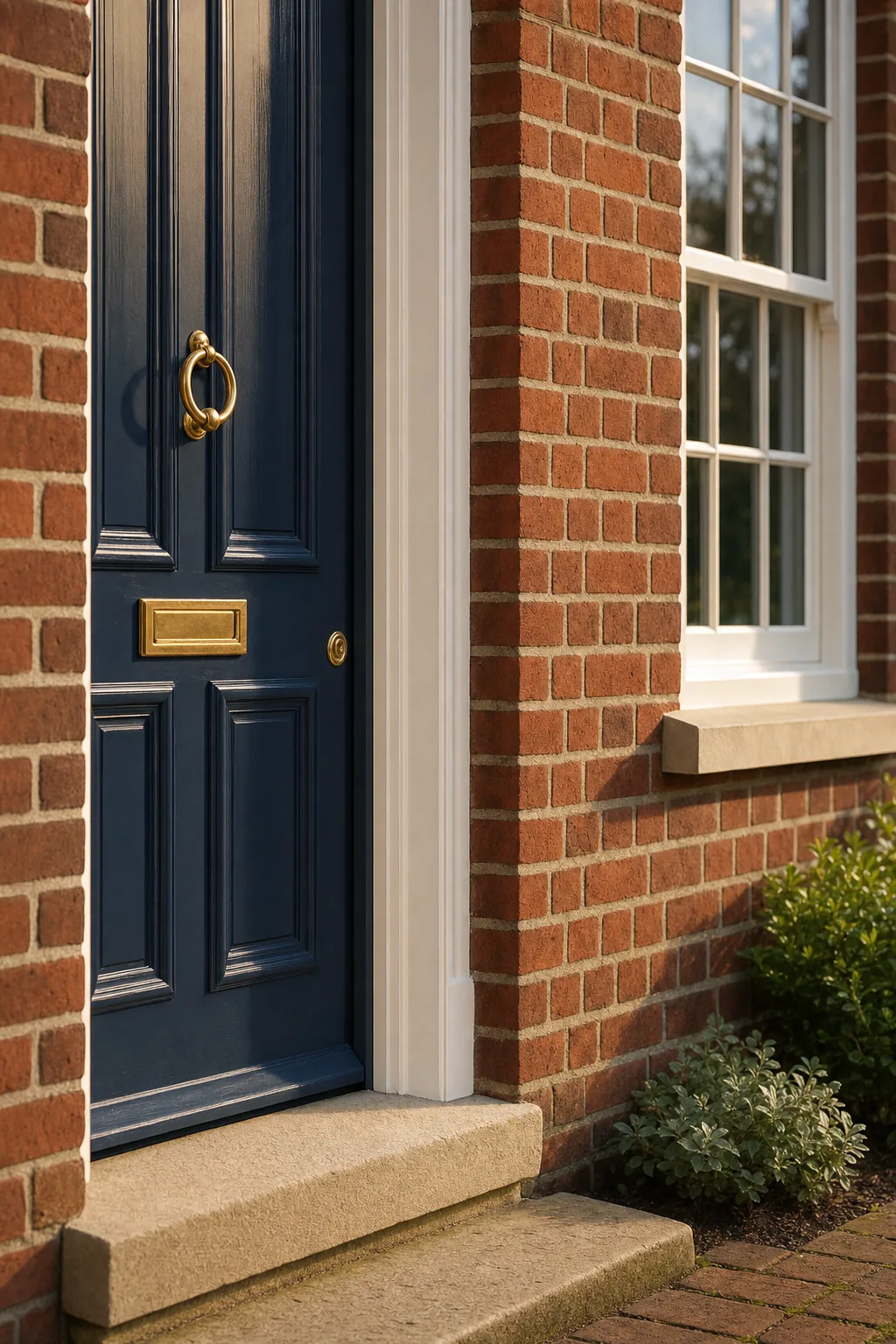 Detail of a restored brick facade with a freshly painted navy front door and brass fittings