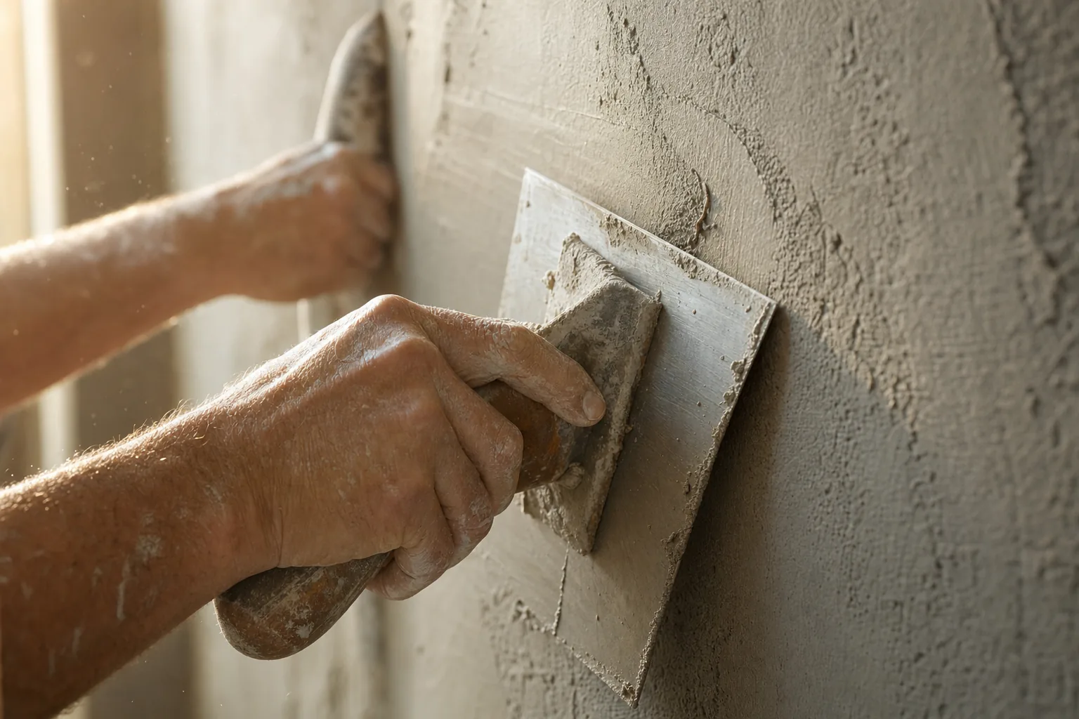Close-up of hands skimming a wall with a plastering trowel