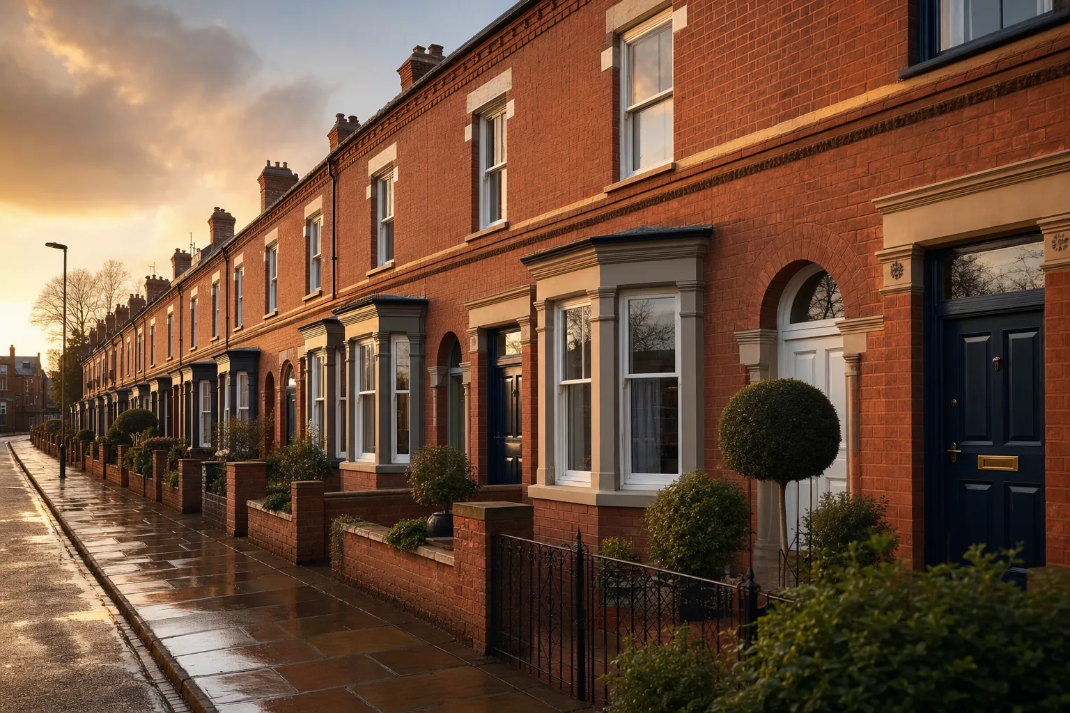 A row of restored red-brick Victorian terraced houses on a British street at golden hour