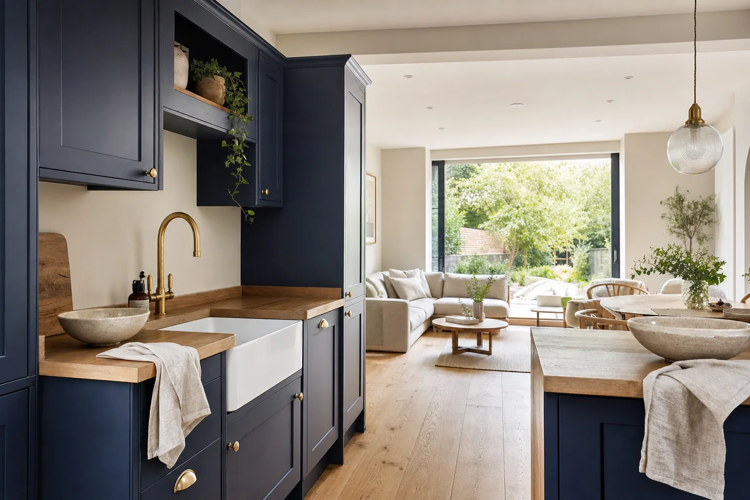 A refurbished open-plan kitchen with navy shaker cabinetry, oak worktops and brass fittings