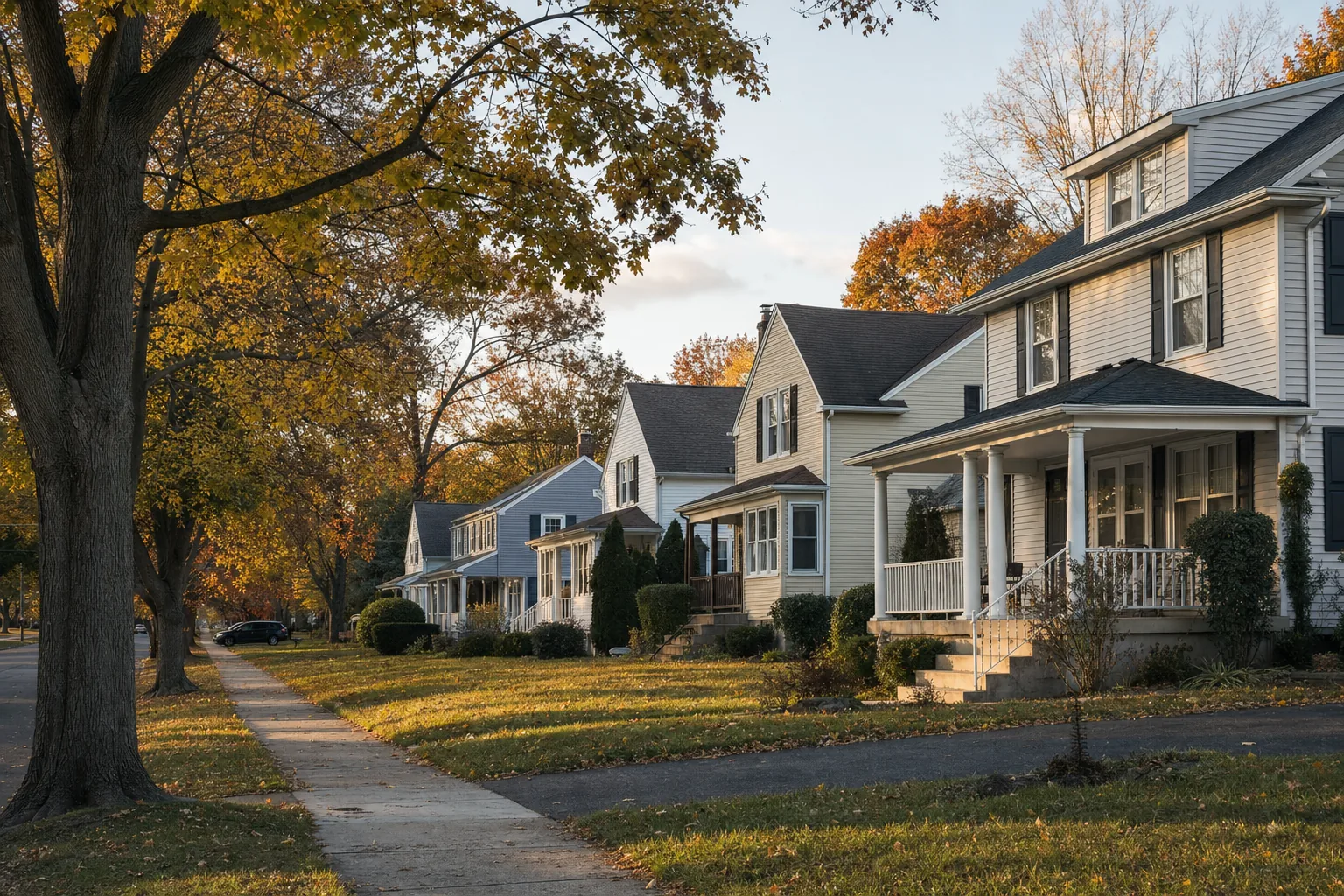 A Texas suburban street of clapboard homes with front porches in autumn light