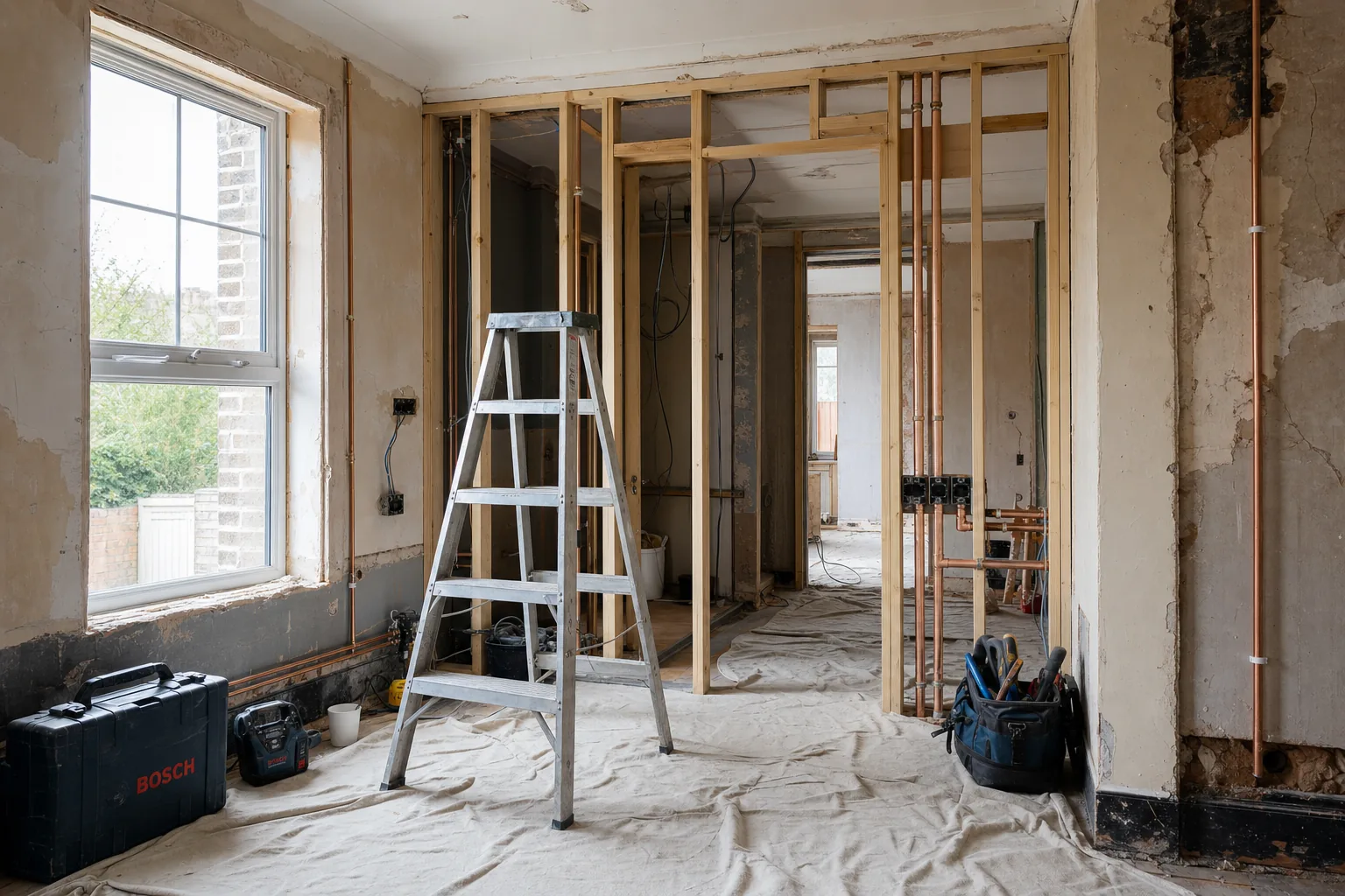 Interior of a house mid-renovation with new stud framing, copper pipework and dust sheets